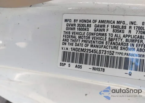 2005 Honda Civic Lx z USA, uszkodzony, nr VIN 1HGEM22545L073152
